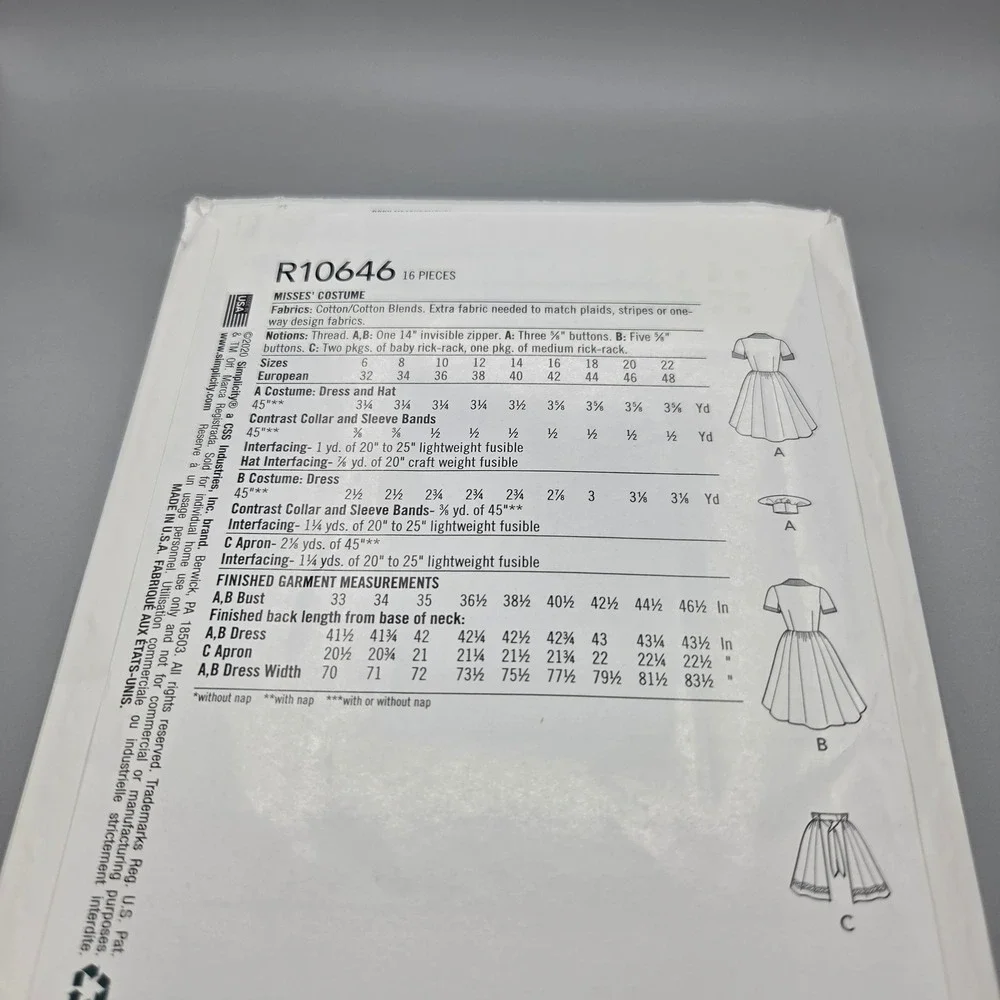Simplicity R10646 Retro 50s Waitress Diner Maid Costume Sewing Pattern Sz 14-22